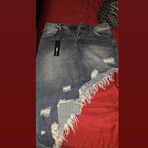 Fashion Nova Blue Distressed High Low Skirt
